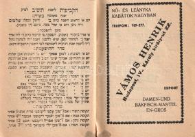 Zsebnaptár 1941-42. Tartalmazza a szombati és hétköznapi mincha, máriv, az étkezés utáni, lefekvés e...