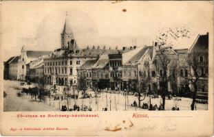 1903 Kassa, Kosice; Fő utca, Andrássy kávéház, piac, "keztyű" gyár. Egy és kétkoronás áruh...