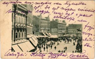 1914 Zagreb, Zágráb; Jelacicev trg / tér, piac, üzletek / square, shops, market (non PC) (vágott / c...