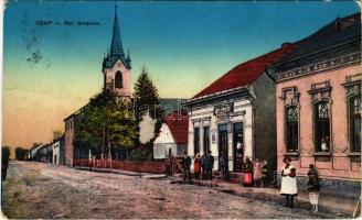 Csap, Cop, Chop; Református templom, szövetkezeti üzlet. Vasúti levelezőlapárusítás / Calvinist chur...