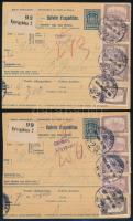 1922 2 db csomagszállító 5K + 4 x 10K bérmentesítéssel, "NYÍREGYHÁZA" - "GYULA"