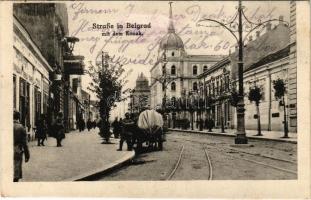 1917 Beograd, Belgrade, Belgrád; Strasse mit dem Konak. S. Meschulam / street view, palace, shops