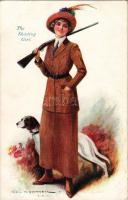 1916 The shooting girl, female hunter with hunting dog, E. J. Hey &amp; Co. Serie 846. s: Cecil ...