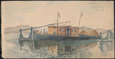 Jelzés nélkül (Gimes Lajos?): Dunai részlet (halászbárka), 1902. Akvarell, papír. 15x29 cm