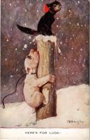 "Here's for Luck!" Bonzo dog and cat in winter. Valentine's Series s: G. E. Stud...