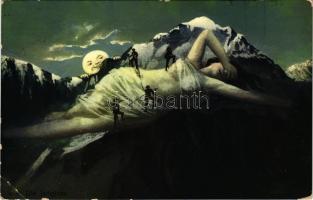 1912 Die Jungfrau / Mountain with lady and moon, slightly erotic art postcard (EB)