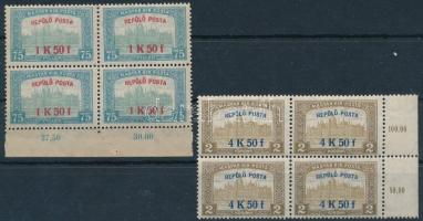 1918 Repülő Posta sor ívszéli négyestömbökben, Leitold vizsgálójellel (88.000)