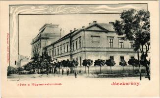 Jászberény, Fő tér a főgimnáziummal. Brünauer Adolf kiadása. Art Nouveau keret