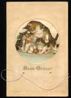 cca 1900-1910 "Beste Grüsse!", macskás és kutyás képpel illusztrált, forgatható mechanikus...