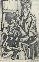Vinkler László (1912-1980): Lányok, monotípia, papír, jelzett, üvegezett fakeretben. 43,5x28 cm