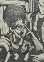 Vinkler László (1912-1980): Lányok, monotípia, papír, jelzett, üvegezett fakeretben. 43,5x28 cm