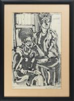 Vinkler László (1912-1980): Lányok, monotípia, papír, jelzett, üvegezett fakeretben. 43,5x28 cm