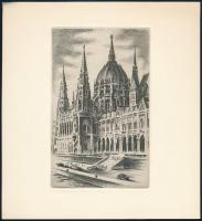 Jelzés nélkül: Parlament, Dunapart, Budapest. Rézkarc, papír. 16x9,5 cm