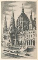 Jelzés nélkül: Parlament, Dunapart, Budapest. Rézkarc, papír. 16x9,5 cm