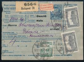 1922 Utánvétes csomagszállító 5 db bélyeggel, ebből 2 portó, Budapestről Császárra