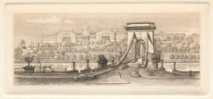 Jelzés nélkül: Lánchíd, Dunapart, Budapest. Rézkarc, papír. 5,5x12 cm