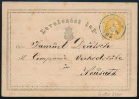 ~1869 2kr díjjegyes levelezőlap, kék "TÖRÖK BE(CSE)"