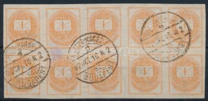 1881 Hírlapbélyeg 10-es tömb "RUTTKA-KASSA / BUDAPEST" vasúti bélyegzéssel