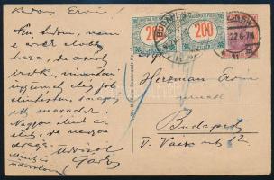 1922 Képeslap Németországból Budapestre 400f portóval