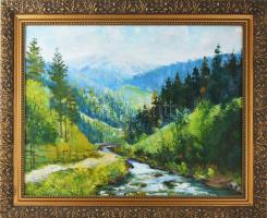 Darabán János (1934-2015): Tisza, Hoverla hegy a háttérben, Kárpátalja, 1999. Olaj, vászon, jelezve ...