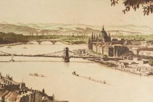 Zádor István (1882-1963): Budapesti látkép. Színezett rézkarc, papír, jelzett. 24x49,5 cm