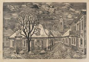 Bordás Ferenc (1911-1982): Óbuda, főtér. Fametszet, papír, jelzett, kartonra kasírozva, lap széle vá...