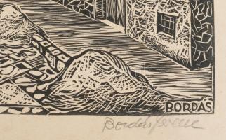 Bordás Ferenc (1911-1982): Óbuda, főtér. Fametszet, papír, jelzett, kartonra kasírozva, lap széle vá...