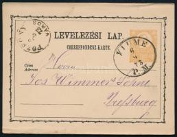 1873 2kr díjjegyes levelezőlap ovális "FIUME P. M. " - Pressburg