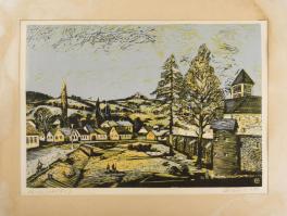 Csavlek András (1942-): Kőszeg. Színes linómetszet, papír, jelzett, paszpartuban, 28×40 cm