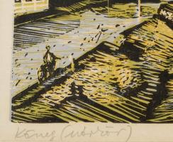 Csavlek András (1942-): Kőszeg. Színes linómetszet, papír, jelzett, paszpartuban, 28×40 cm