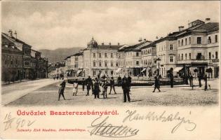 1902 Besztercebánya, Banská Bystrica; IV. Béla király tér, szökőkút, Holesch Árpád, Seidner üzlete, ...