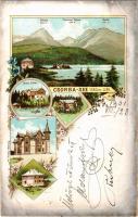 1901 Tátra, Magas-Tátra, Vysoké Tatry; Csorba-tó, Szoliszkó, Csorbai-csúcs, Bástya, Hotel Klimo, vil...