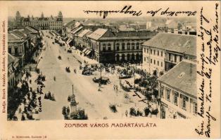 Zombor, Sombor; Város madártávlatból, Fő utca, piac, üzletek. R. Mosinger, Bruck Sándor kiadása / ma...