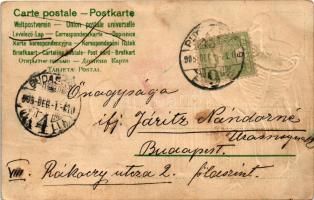 1905 Gólyák babákkal / Storks with babies art postcard. Emb. litho (kis szakadás / small tear)
