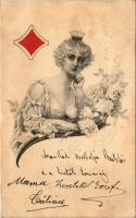 1902 Francia kártya hölggyel, káró / Diamonds card with lady, from French playing cards (fl)