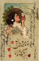 1902 Boldog Újévet! Szecessziós dombornyomott üdvözlőlap / New Year greeting art postcard with lady....