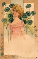 1900 Art Nouveau lady art postcard. R. Reinert litho, floral