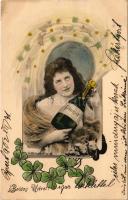 1902 Prosit / Boldog Újévet! / New Year greeting art postcard, lady with champagne, clovers. Phot. v...