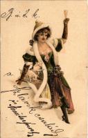 1904 Boldog Újévet! / New Year greeting art postcard, lady. litho