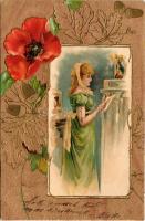 1900 Hölgy művészlap pipaccsal. Dombornyomott litho / lady art postcard with poppy flower. Serie 128...