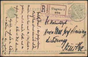 1915 Díjjegyes levelezőlap Turul 25f kiegészítéssel, cenzúrás ajánlott levlapként Ungvárról Szürthér...
