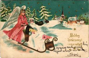 Boldog karácsonyi ünnepeket! Mikulás szánon, angyallal / Christmas greeting art postcard, Saint Nich...