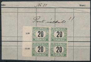 1914 Zöldportó 20f ívszéli négyestömb, "KIR" szó után hiányzó pont a bal felső bélyegen