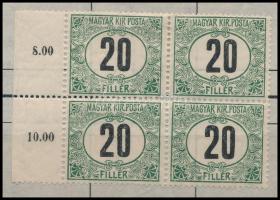 1914 Zöldportó 20f ívszéli négyestömb, "KIR" szó után hiányzó pont a bal felső bélyegen