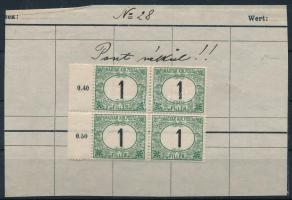 1914 Zöldportó 1f ívszéli négyestömb, "KIR" szó után hiányzó pont a bal felső bélyegen
