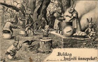 1905 Boldog húsvéti ünnepeket! Életkép nyulakkal. Serie 7085. / Easter greeting art postcard, rabbit...