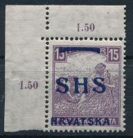 SHS 1918 Fehérszámú Arató 15f ívsarki, Bodor vizsgálójellel (32.000)