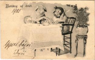 1905 Boldog Újévet! Malacok az asztalnál / New Year greeting art postcard, pigs by the table (EK)
