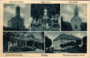1941 Örkény, Római katolikus templom, Hősök szobra, emlékmű, Református templom, Pálóczy-Horváth kas...