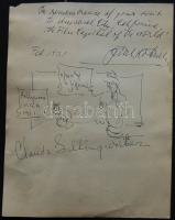 1931 Olsen and Johnson hollywoodi színészek, komikusok eredeti rajza és aláírása Bartha Gyula és Sulkowszky Zoltán világ körüli motorosoknak. Hátoldalén Kertész Mihály feleségével és amotorosokkal közös fotója, Meredith Curtiz aláíárásával / Original drawing and autograph of Hollywood movie star Olsen and Johnson for the world-traveller Hungarian bikers Bartha and Sulkowszky. On the backside photo of Michael Curtiz with his wife together with the bikers, plus autograph of Meredith Curtiz